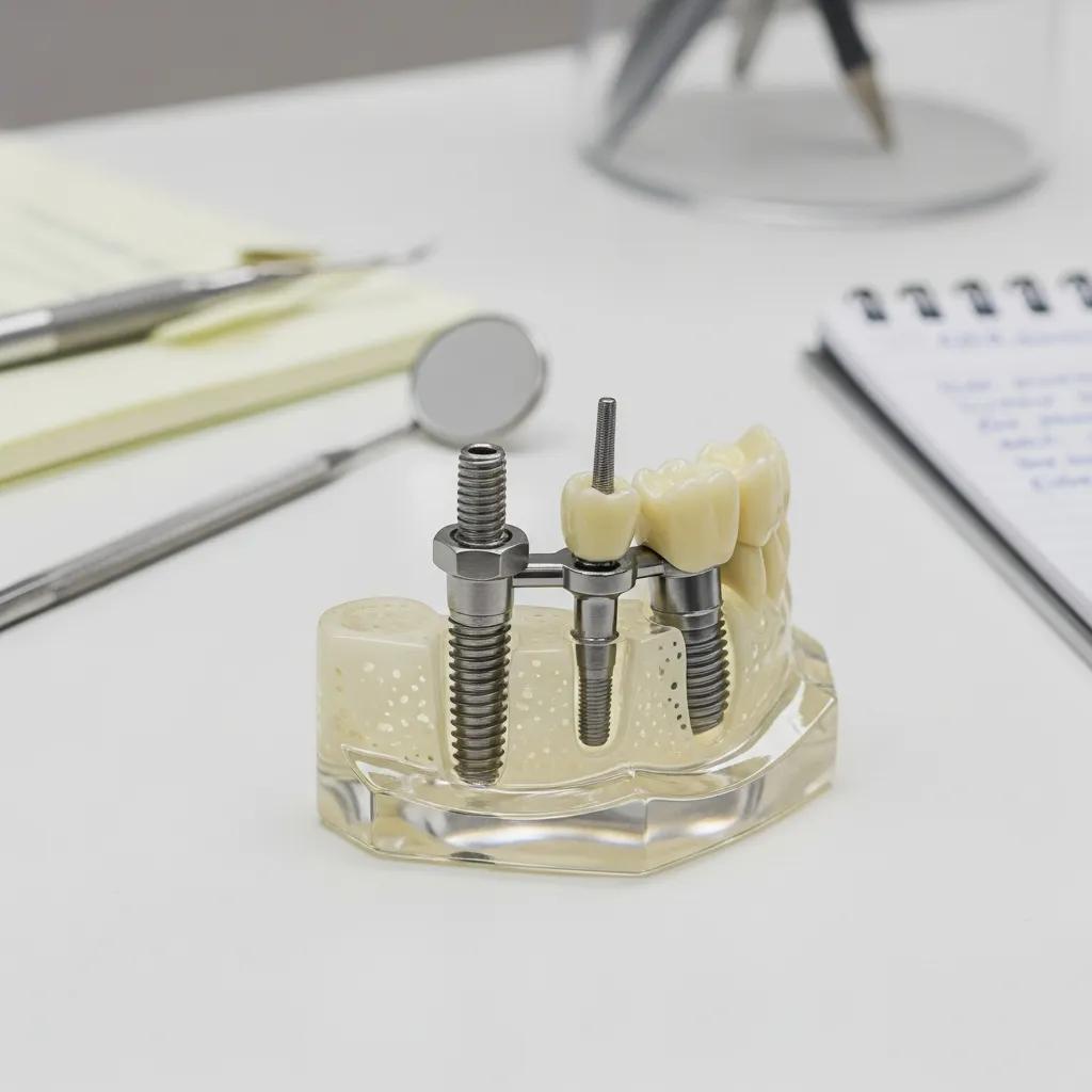 Close-up of a dental implant model on a desk with dental tools