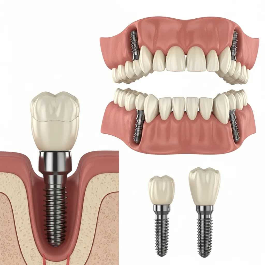 Illustration of single, All-on-4, full-mouth and mini dental implant options