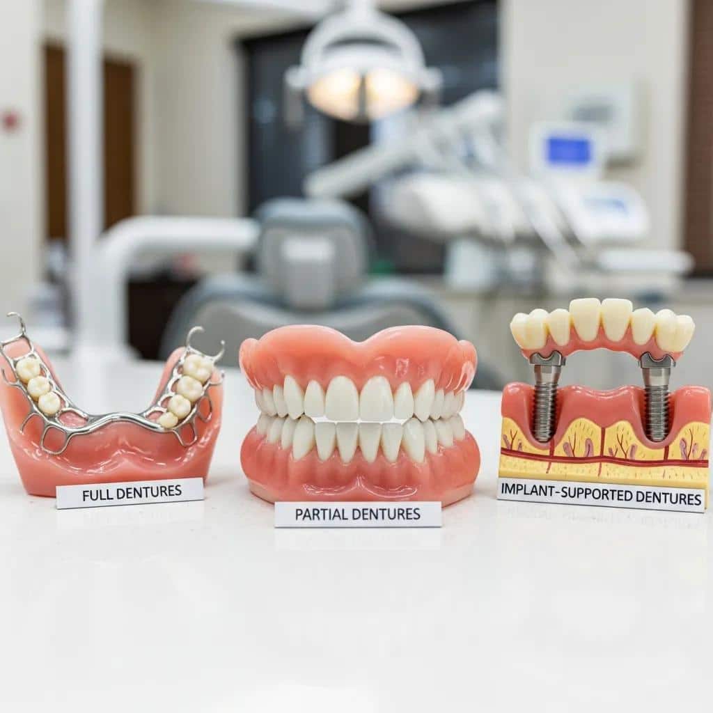 Array of denture types including full, partial, and implant-supported