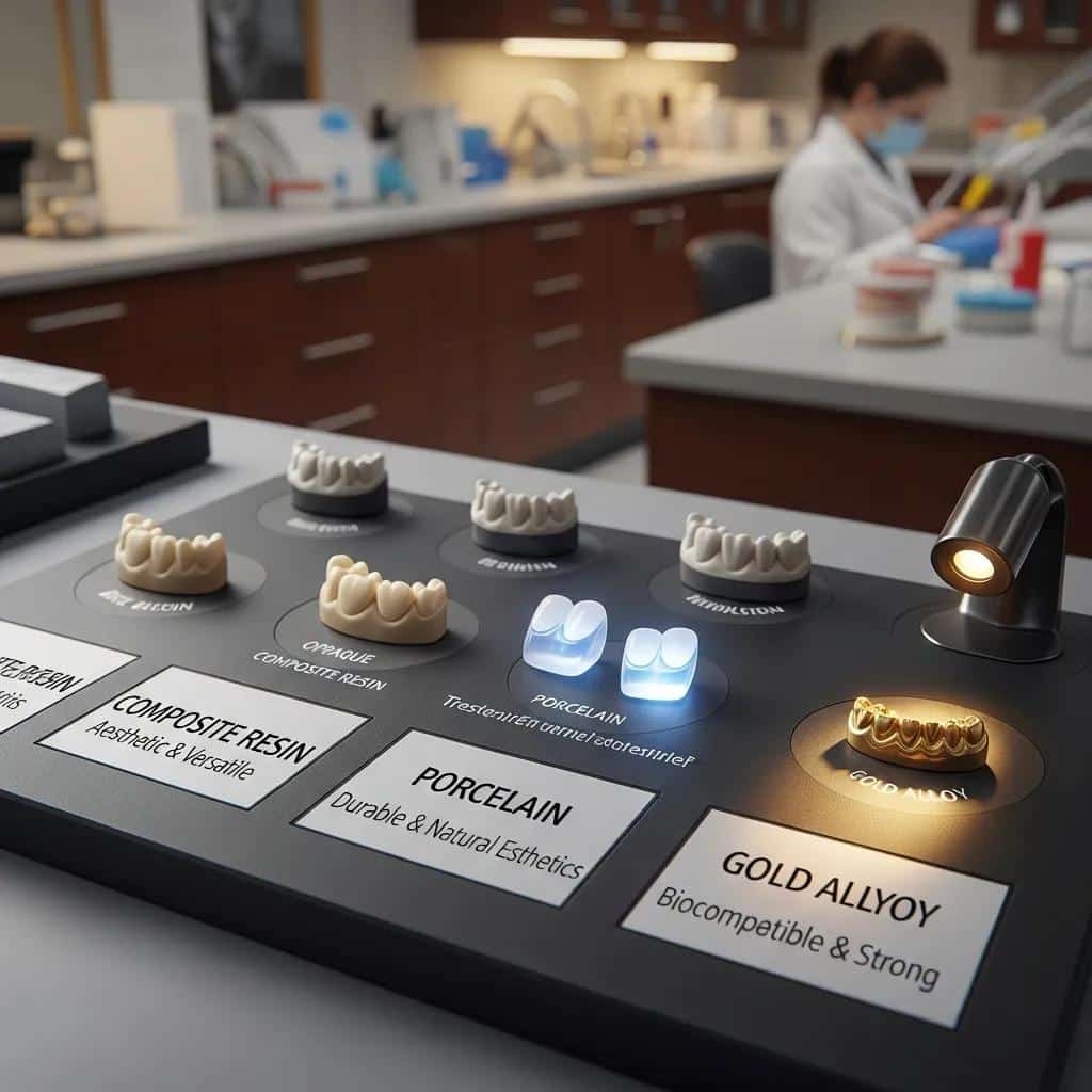 Display of various dental materials like composite resin and porcelain, highlighting their properties for restorations