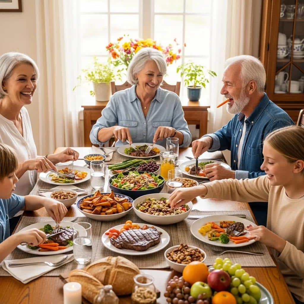 Family enjoying a diverse meal highlighting the dietary freedom provided by dental implants