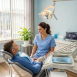 Friendly dentist assisting a patient in a welcoming dental clinic, emphasizing emergency dental services