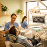 Friendly dentist examining a patient in a warm dental clinic, highlighting emergency dental services
