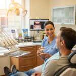 Friendly dentist explaining dental implants to a patient in a welcoming clinic