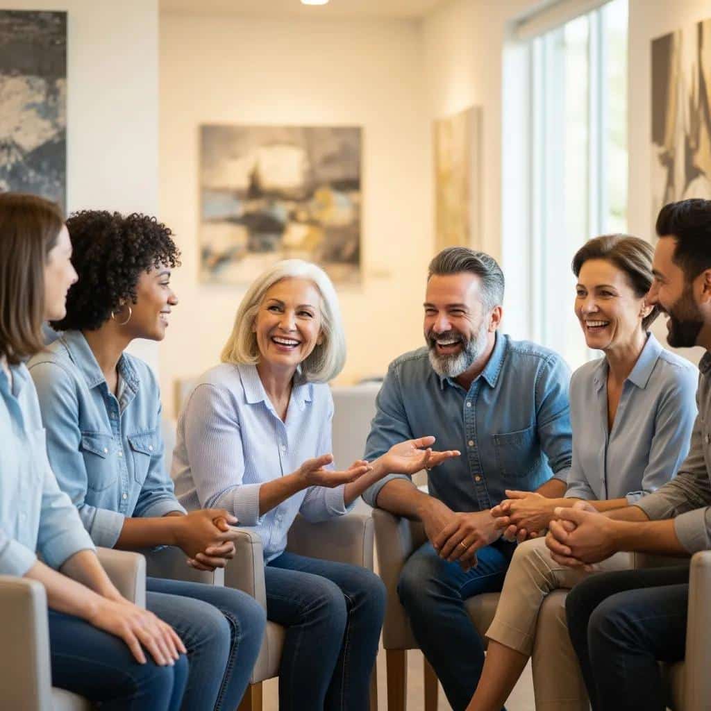 Group of diverse patients sharing positive experiences with dental implants