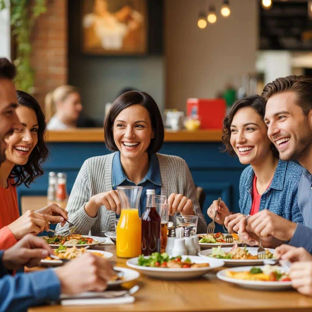 Group of people enjoying a meal, highlighting the benefits of dental implants for chewing and speech