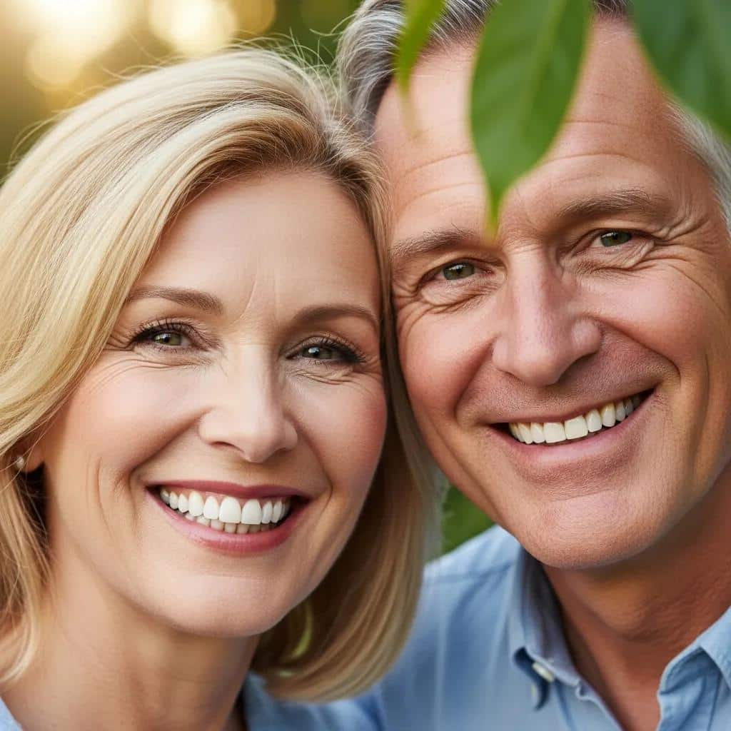 Happy couple in their 40s showing off their dental implants