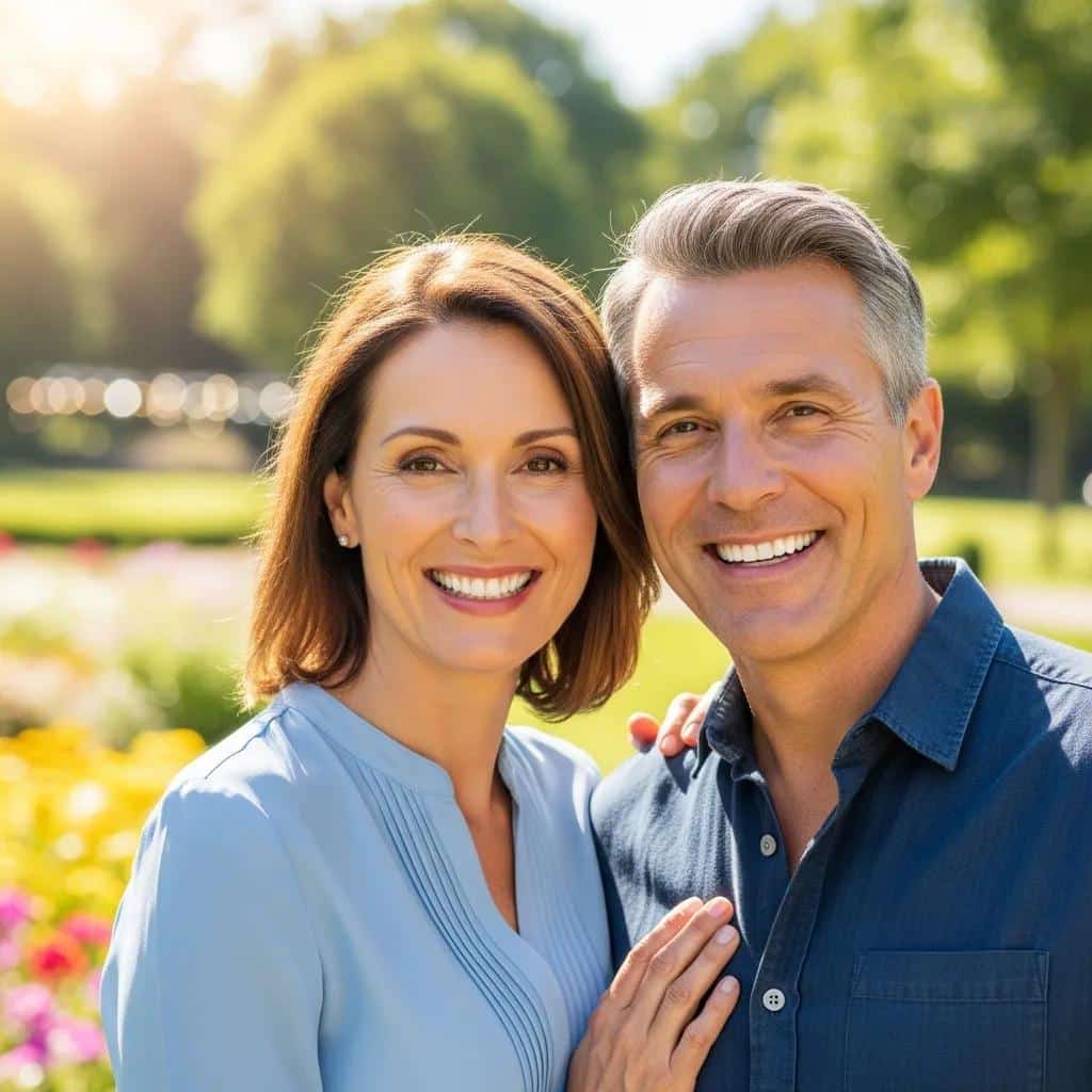 Middle-aged couple smiling confidently after dental implant treatment