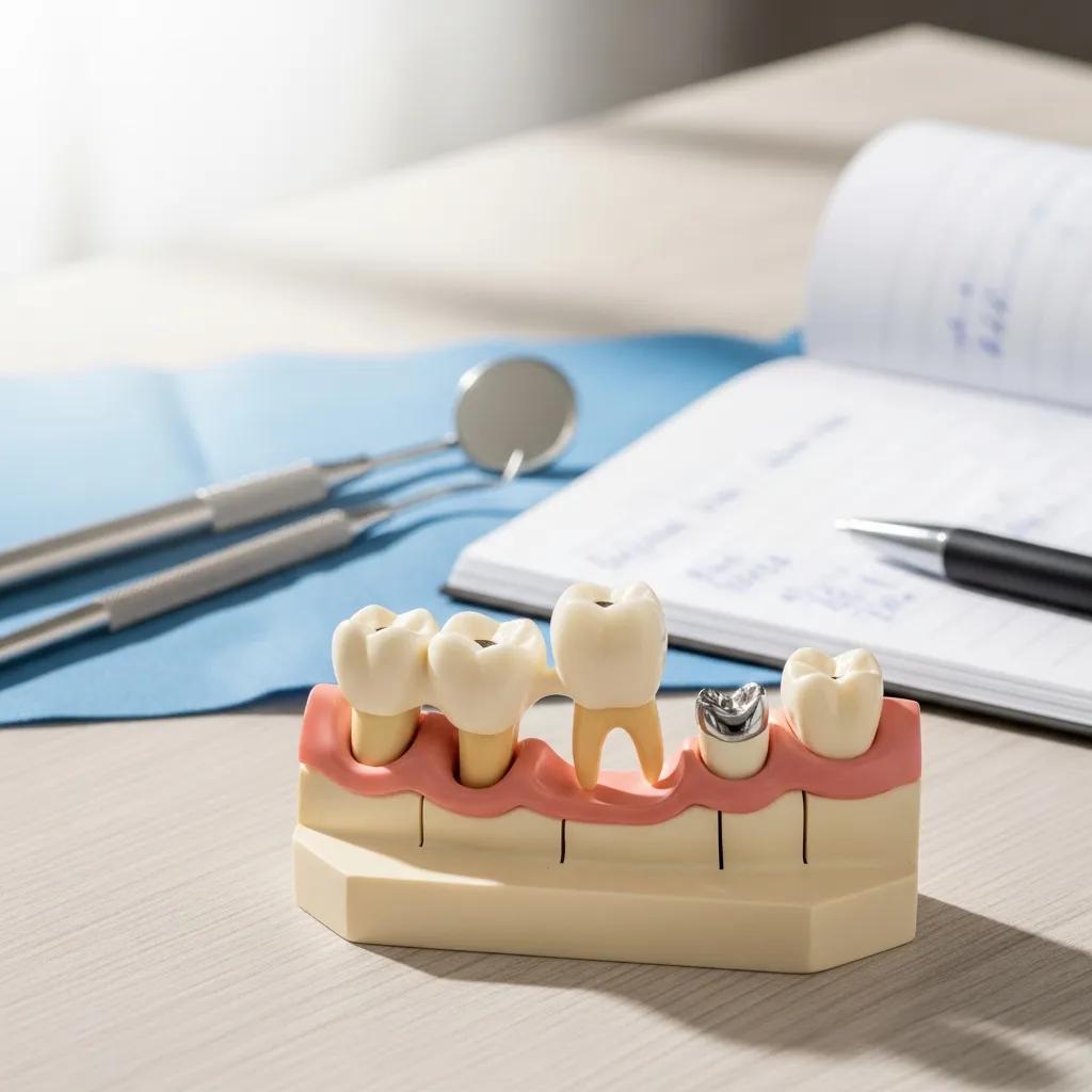 Dental model showing a traditional bridge with abutment teeth and pontic in a dental clinic