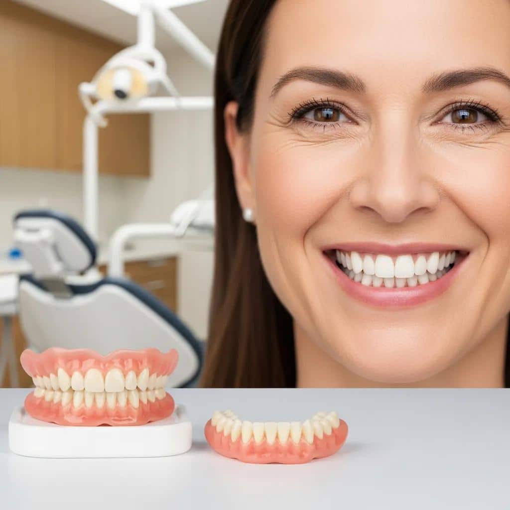 Modern aesthetic dentures displayed with a smiling patient in a dental office