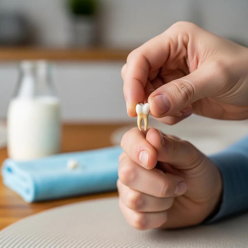Parent holding a knocked-out tooth by the crown, demonstrating first aid for a child's dental emergency