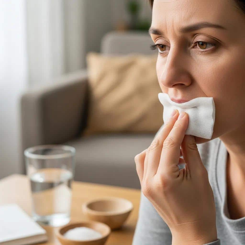 Patient applying pressure with gauze to control bleeding after tooth extraction