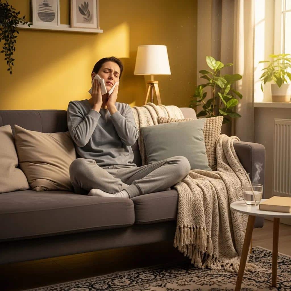 Patient applying warm compress at home for post-extraction care