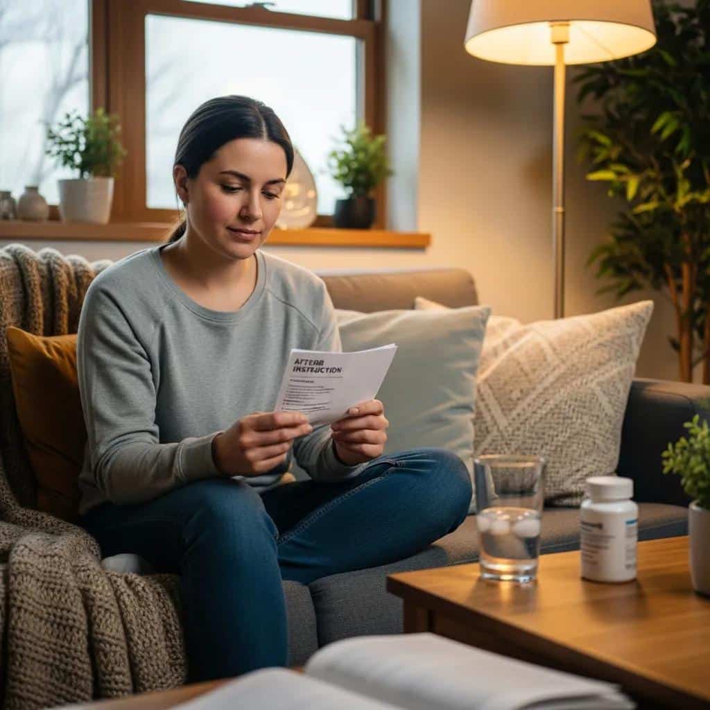 Patient at home following aftercare instructions after tooth extraction, highlighting recovery and comfort