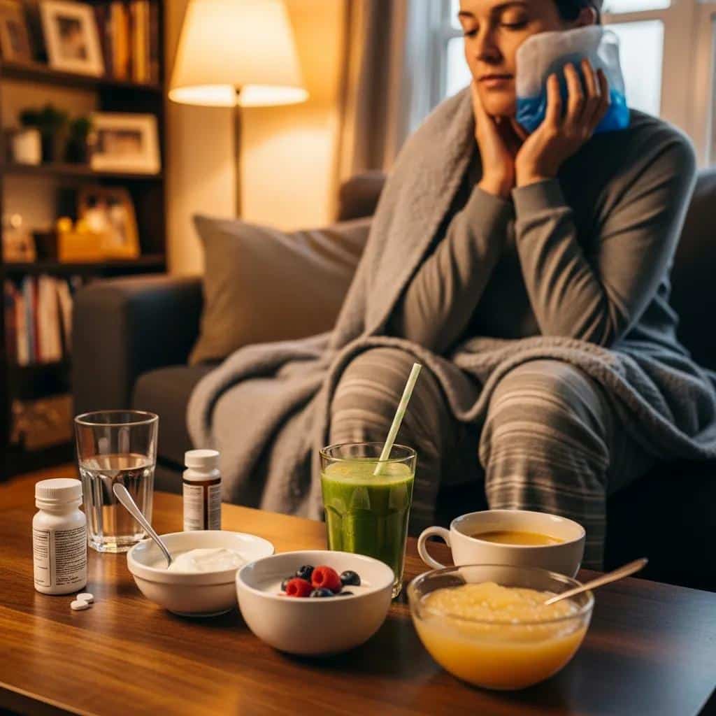 Patient at home managing aftercare following tooth extraction