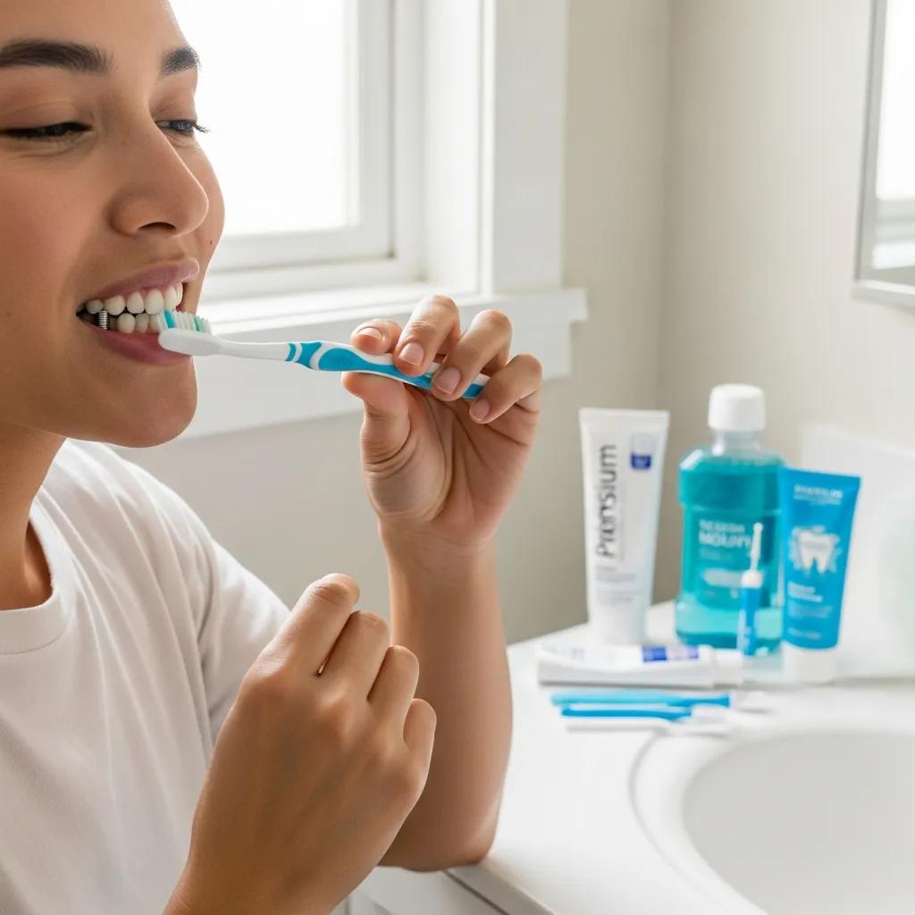 Patient brushing teeth, emphasizing daily oral hygiene practices for maintaining dental implant health