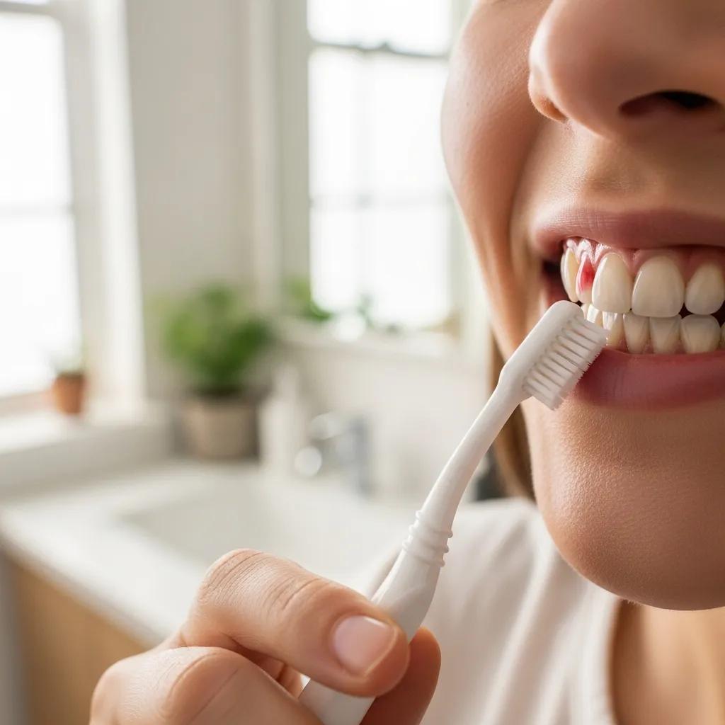 Patient brushing teeth gently after root canal treatment in a bright bathroom