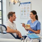 Patient consulting with a dentist about the dental implant healing journey