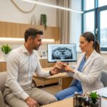 Patient consulting with dentist about dental implants in a modern office