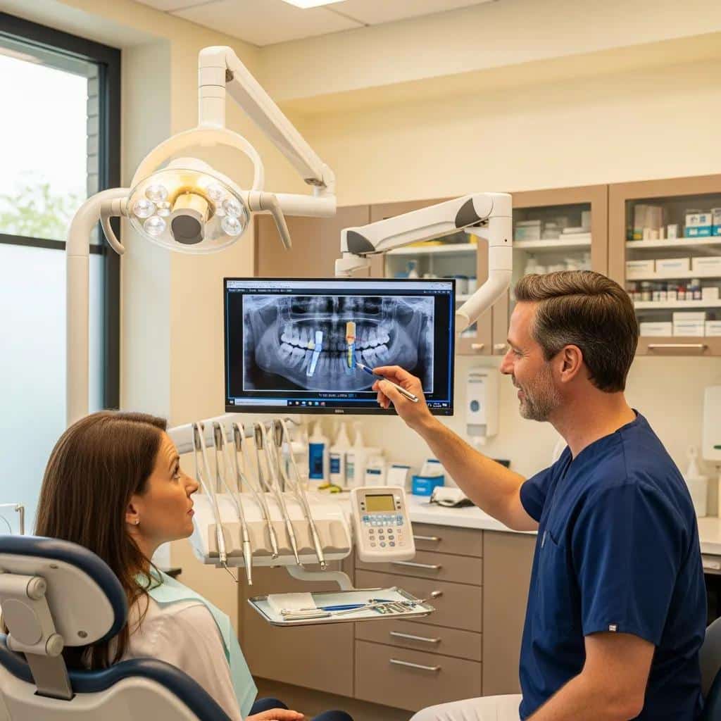 Patient discussing dental implant symptoms with a dentist in a bright dental office