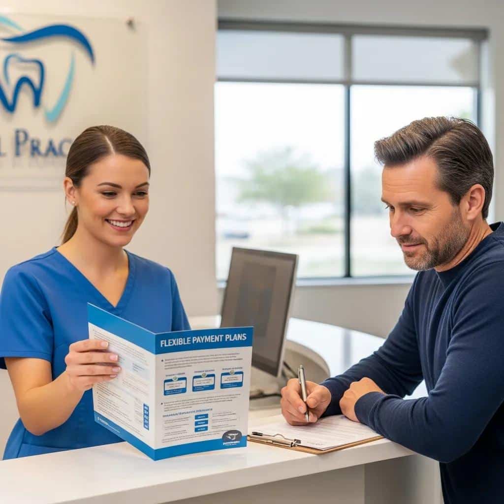 Patient discussing financing options for dental implants with staff