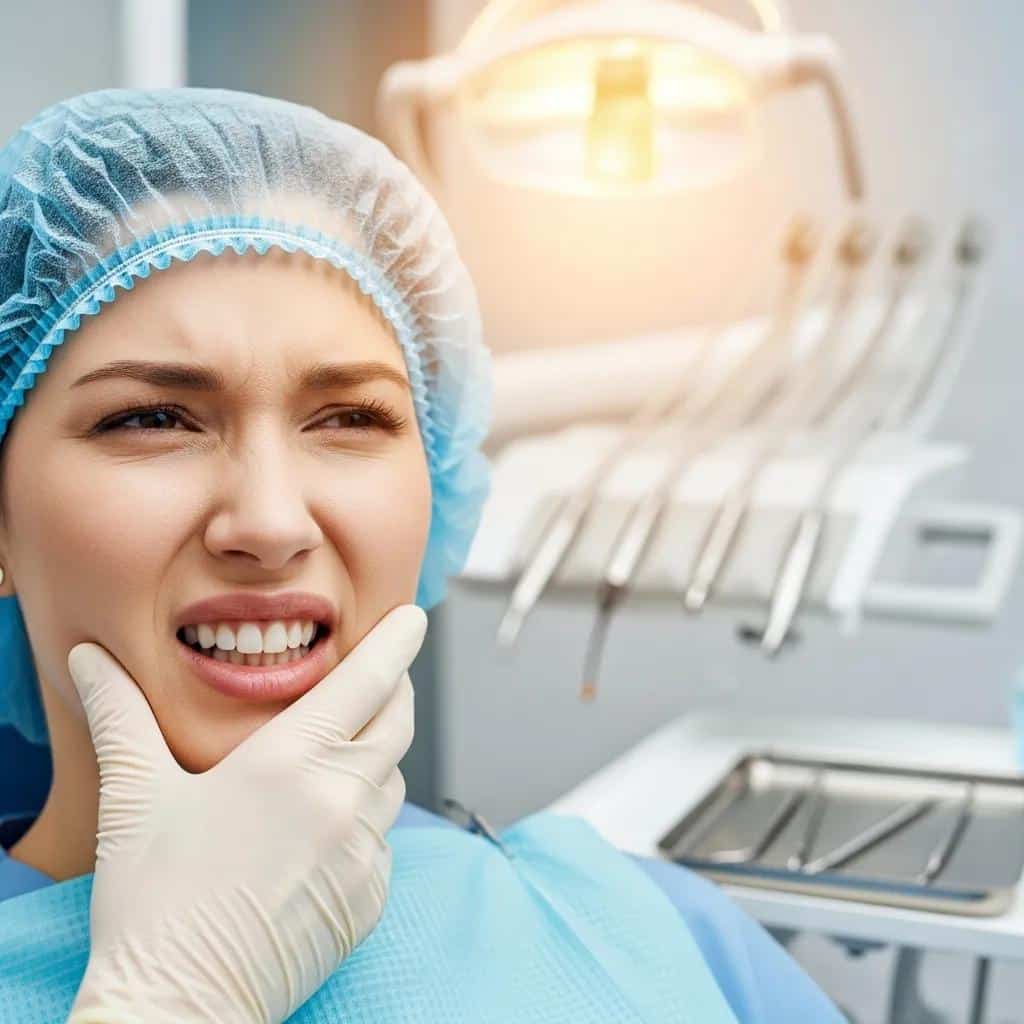 Patient experiencing dental nerve pain in a dental office, highlighting common causes of discomfort