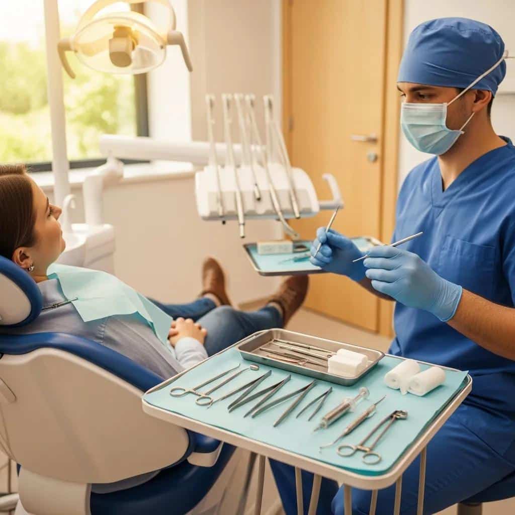 Patient in a dental chair with a dentist preparing for tooth extraction