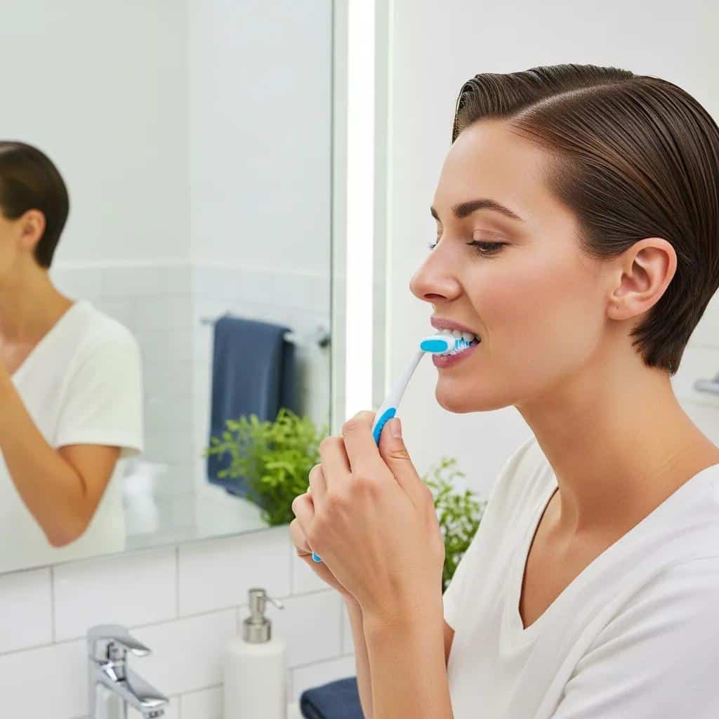 Patient maintaining oral hygiene after dental implant surgery with a soft-bristled toothbrush