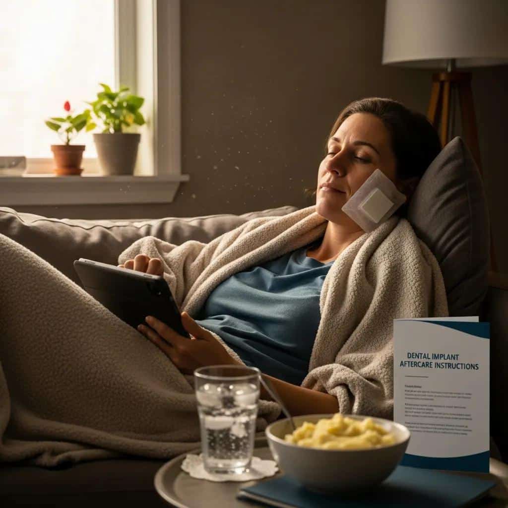 Patient resting at home after dental implant surgery, focusing on recovery