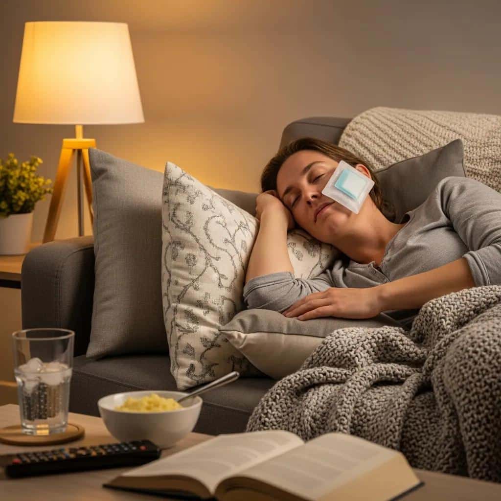 Patient resting at home with an ice pack after tooth extraction