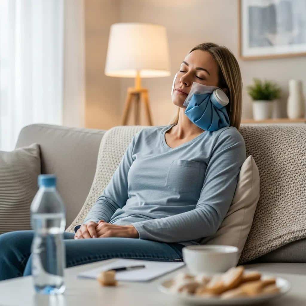 Patient resting at home with ice pack after wisdom tooth extraction