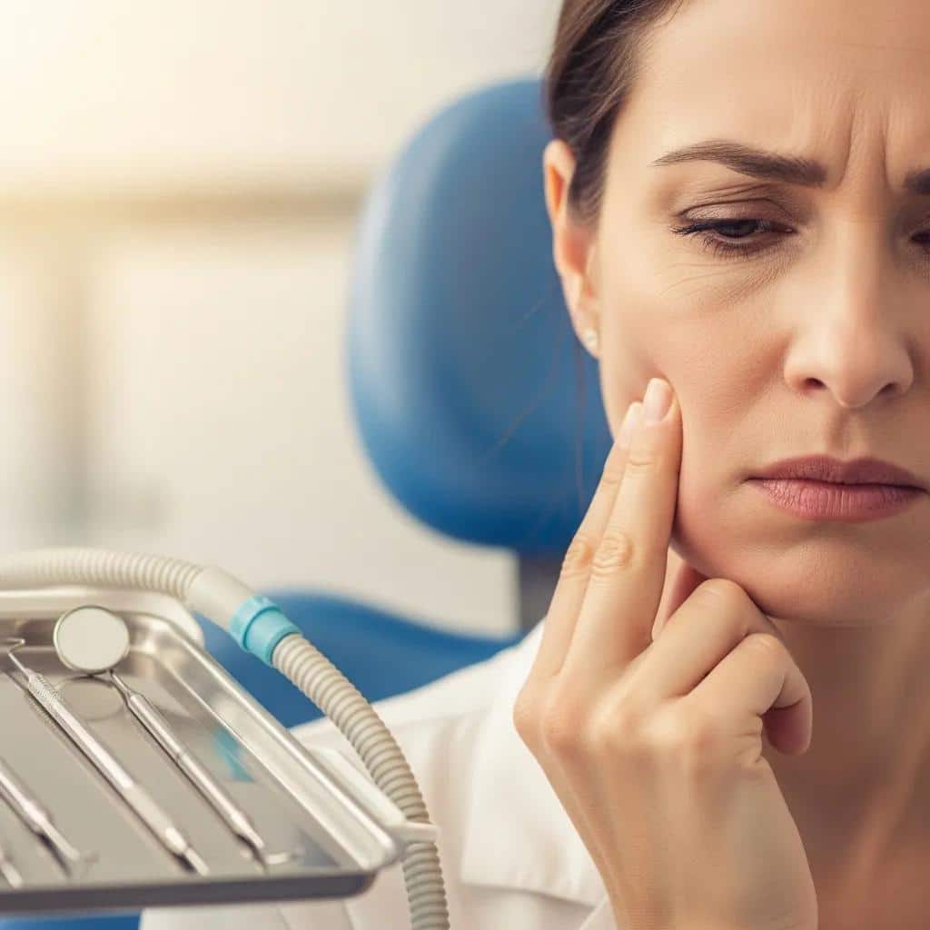 Patient showing discomfort related to dental implant failure symptoms