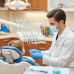 Pediatric dentist engaging with a child in a colorful dental office, emphasizing emergency dental services for kids