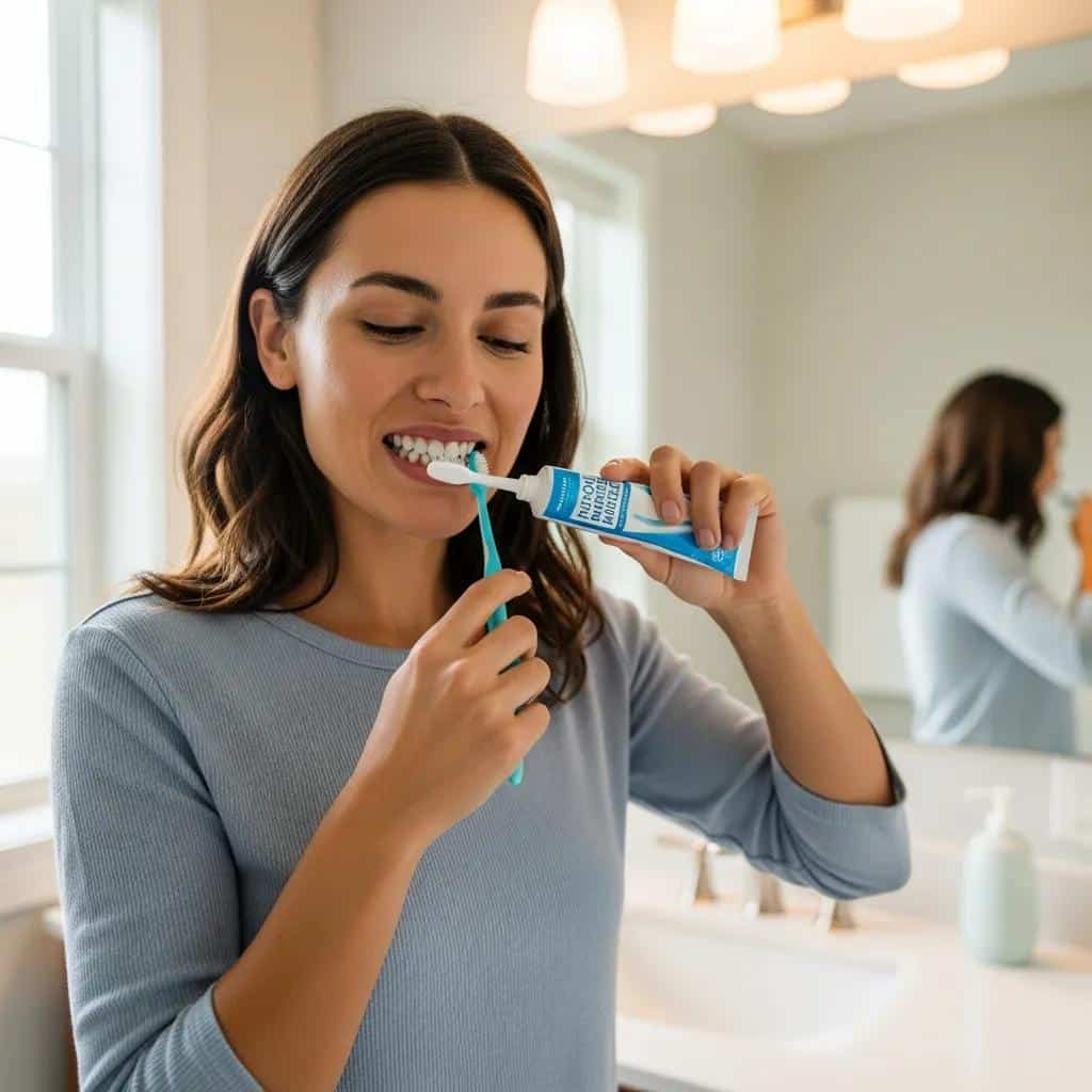 Person brushing dental implants in a bright bathroom, emphasizing daily oral hygiene practices