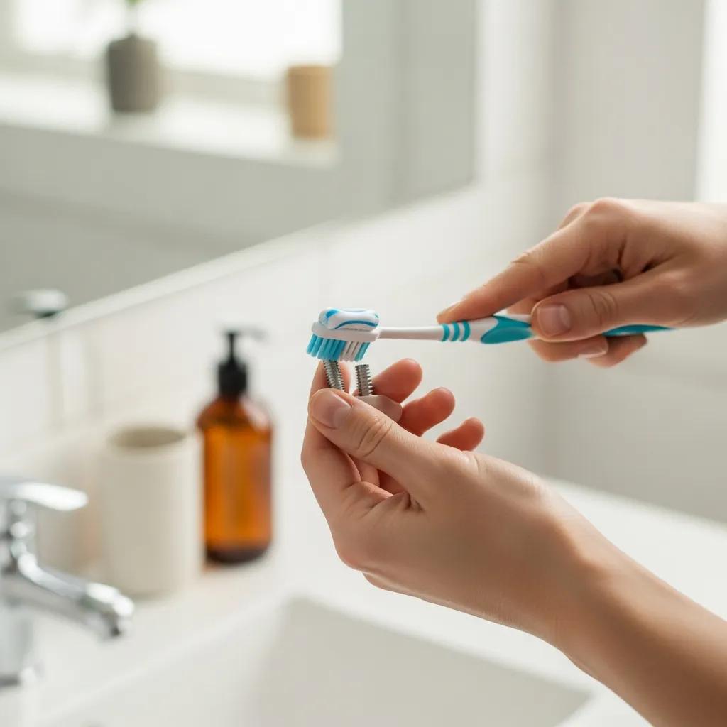 Person brushing dental implants in a bright bathroom, emphasizing the importance of oral hygiene