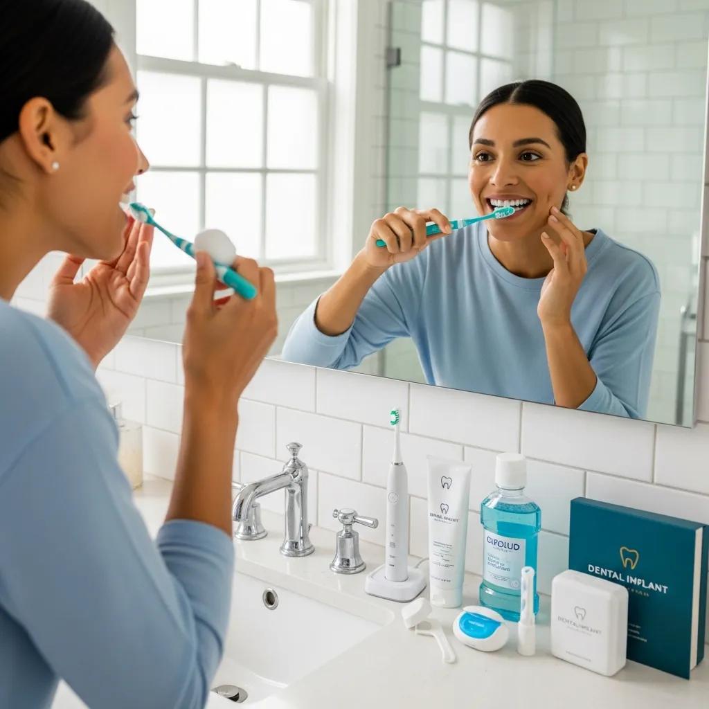 Person brushing teeth, emphasizing daily care for dental implants