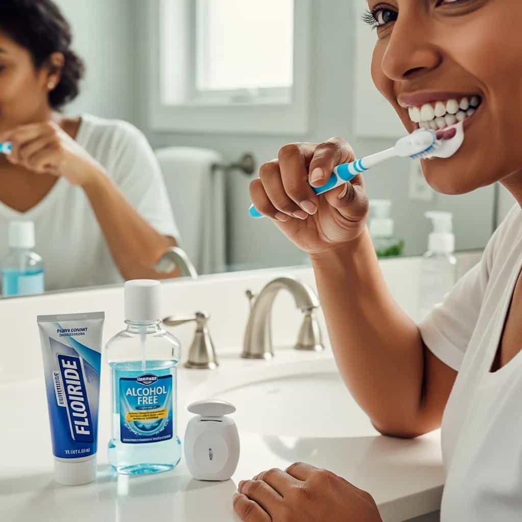 Person brushing teeth, emphasizing daily care routines for dental implants