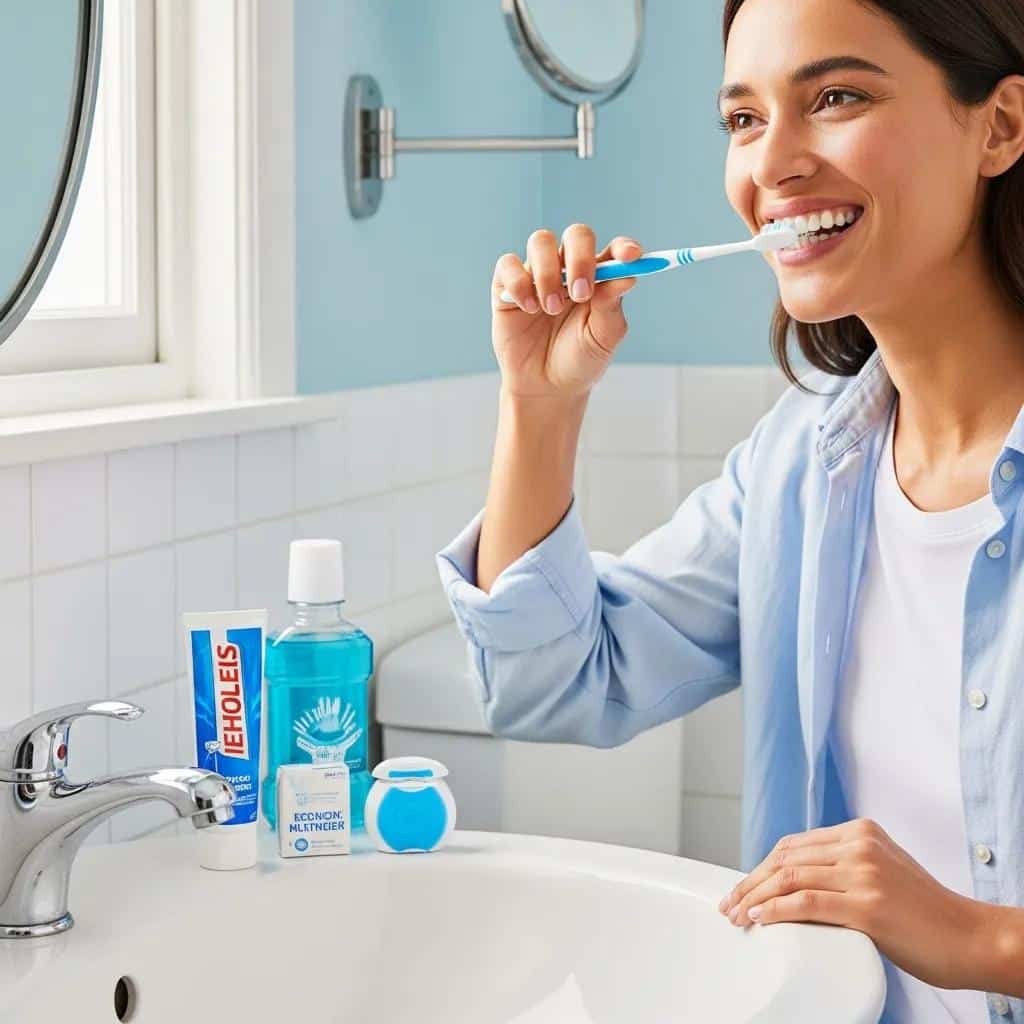 Person brushing teeth in a bright bathroom, emphasizing good oral hygiene practices