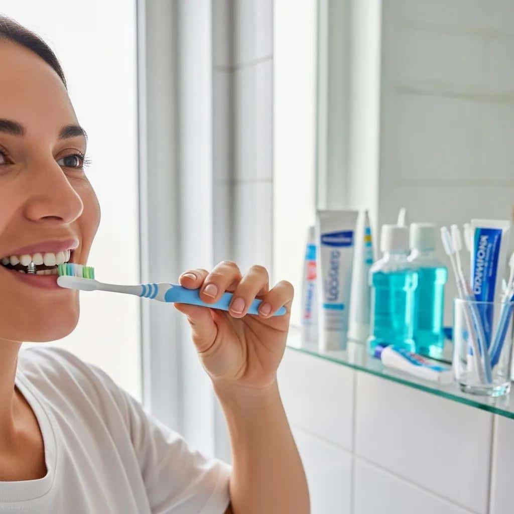 Person brushing teeth with a soft-bristled toothbrush for dental implant care