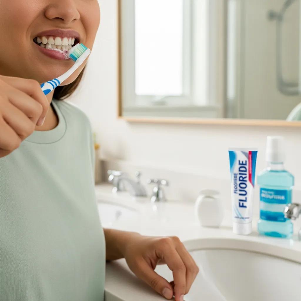 Person brushing teeth with a soft-bristled toothbrush in a bright bathroom, highlighting the importance of oral hygiene for dental implants