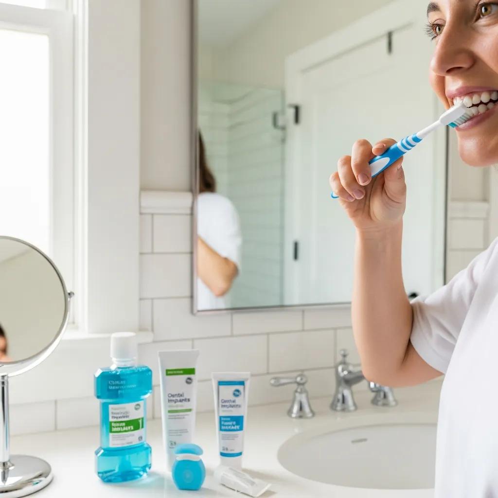 Person brushing teeth with a soft-bristled toothbrush in a clean bathroom, emphasizing oral hygiene for dental implants