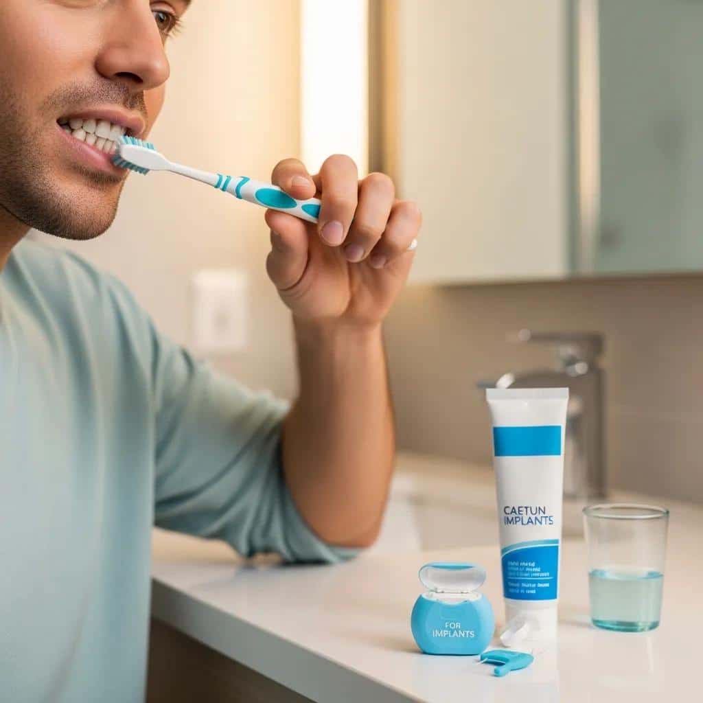 Person brushing teeth with dental care products in a clean bathroom, highlighting oral hygiene importance