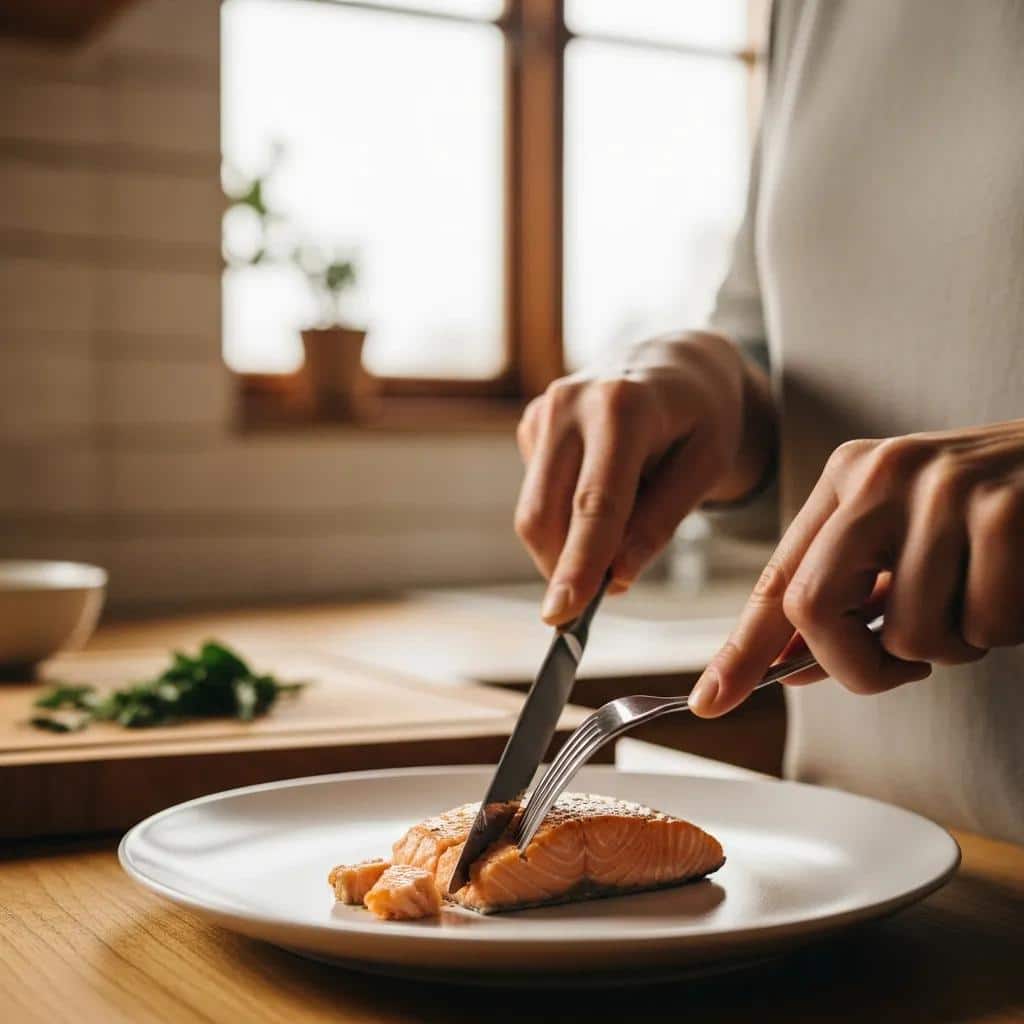 Person cutting food into smaller pieces for dental bridge care