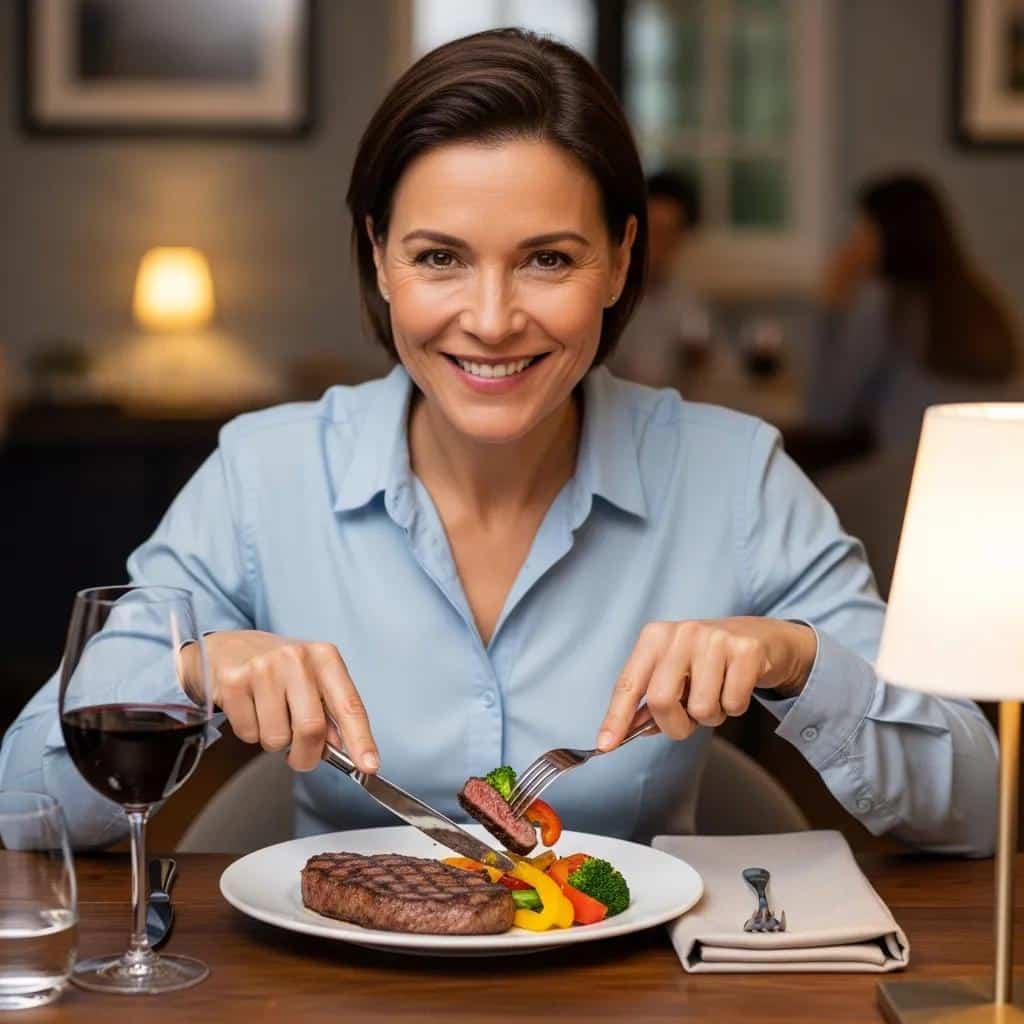 Person enjoying a meal showcasing the dietary freedom provided by dental implants