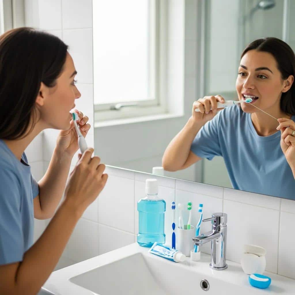 Person practicing good oral hygiene with a toothbrush and dental floss in a bright bathroom, emphasizing dental care