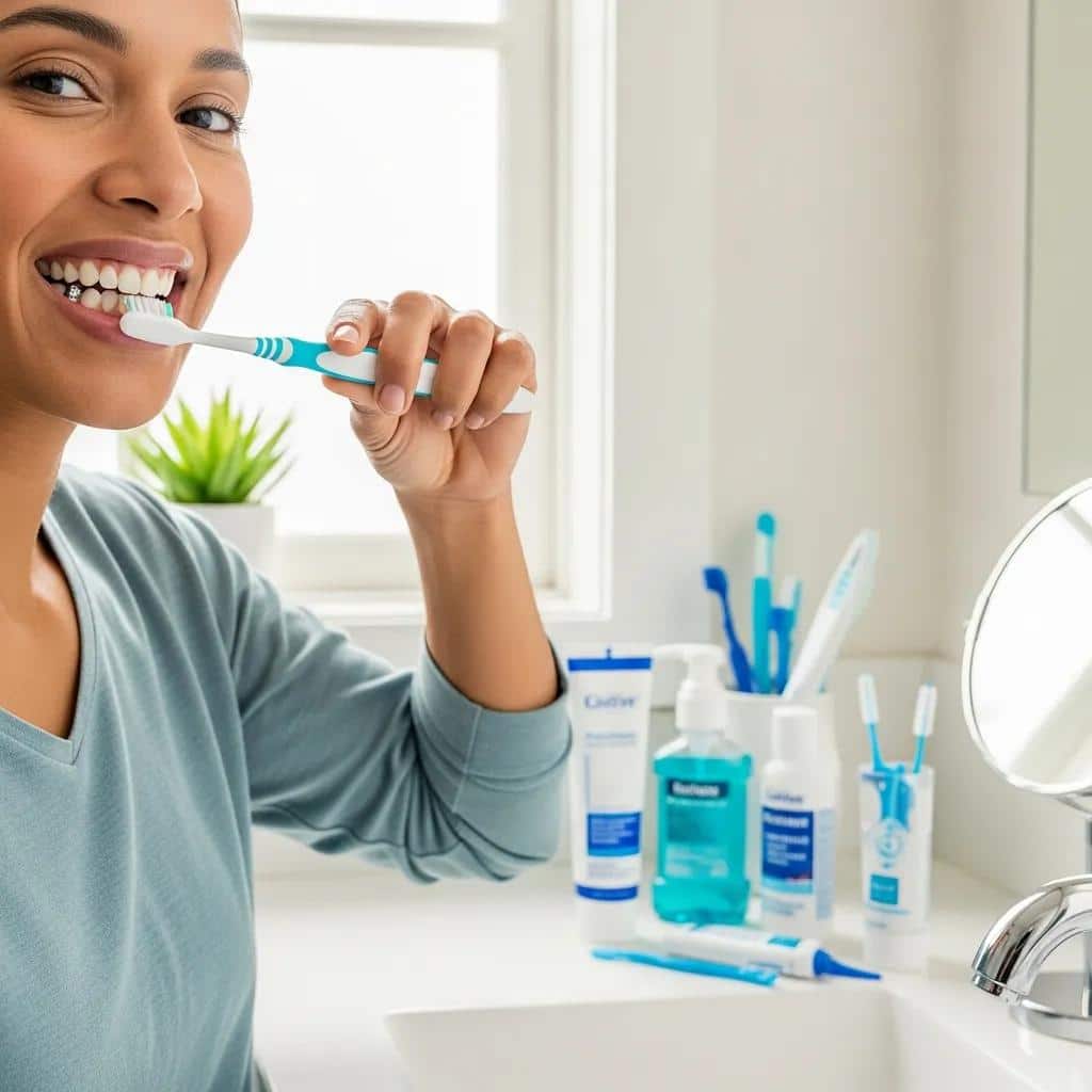 Person practicing oral hygiene with a toothbrush to prevent peri-implantitis