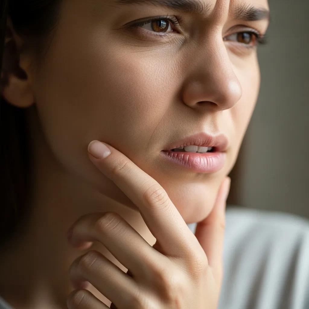 Person touching jaw near an implant site — showing discomfort