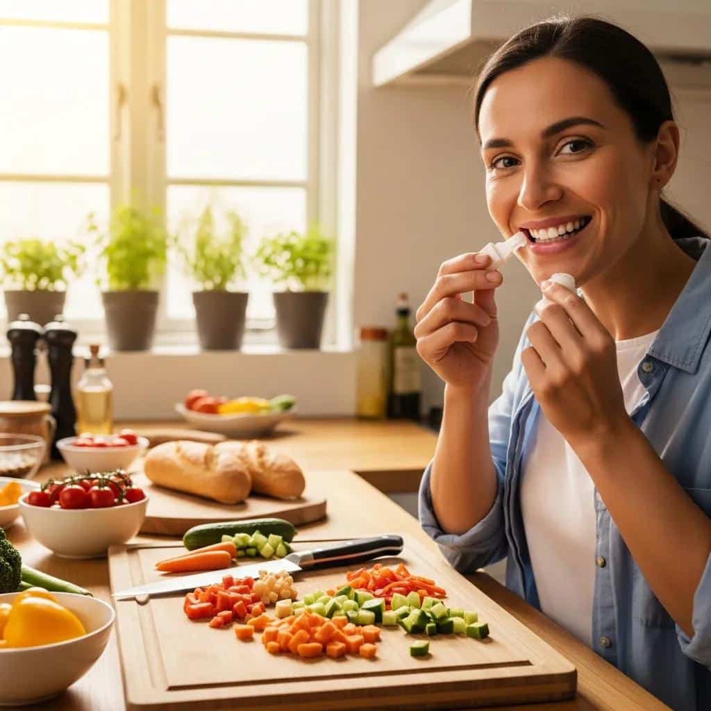 Person using denture adhesive in a kitchen, demonstrating tips for enhancing comfort while eating