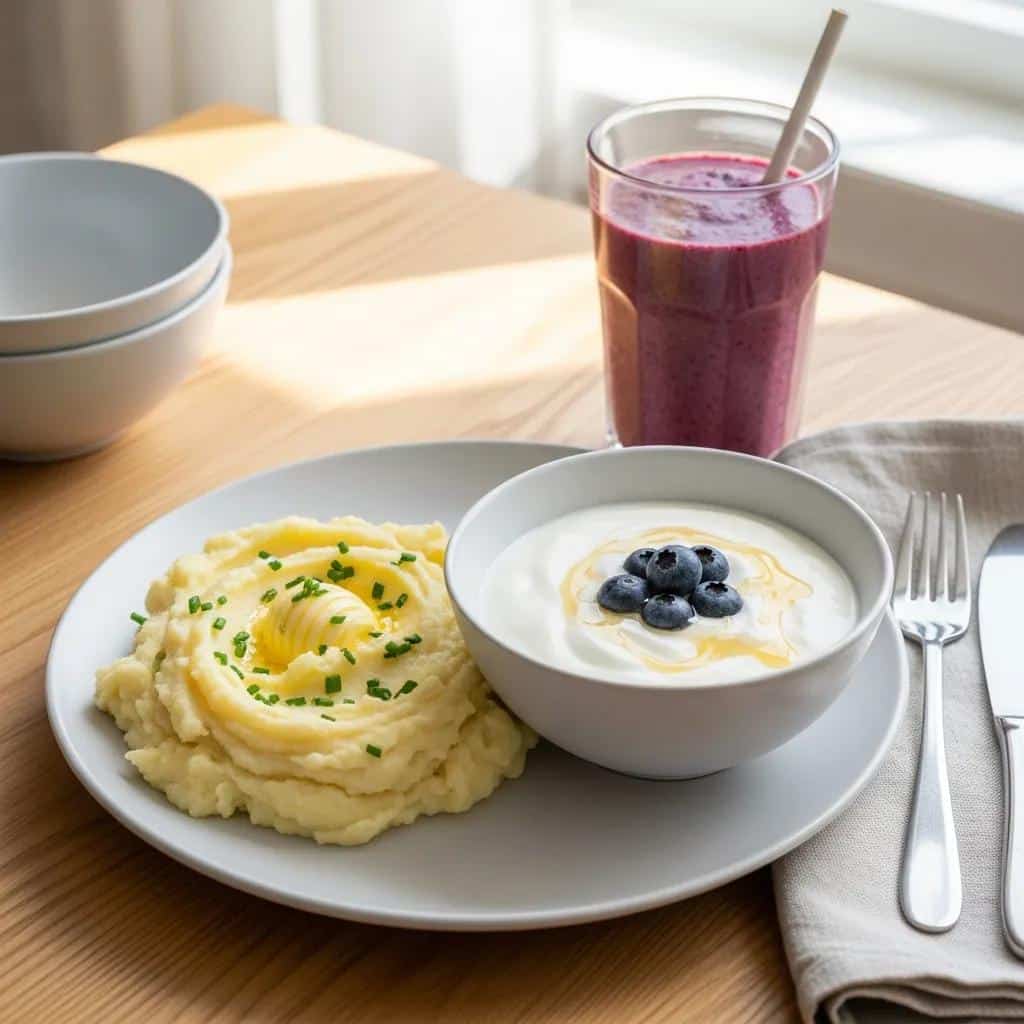 Plate of soft foods for dental implant recovery including mashed potatoes, yogurt, and a smoothie