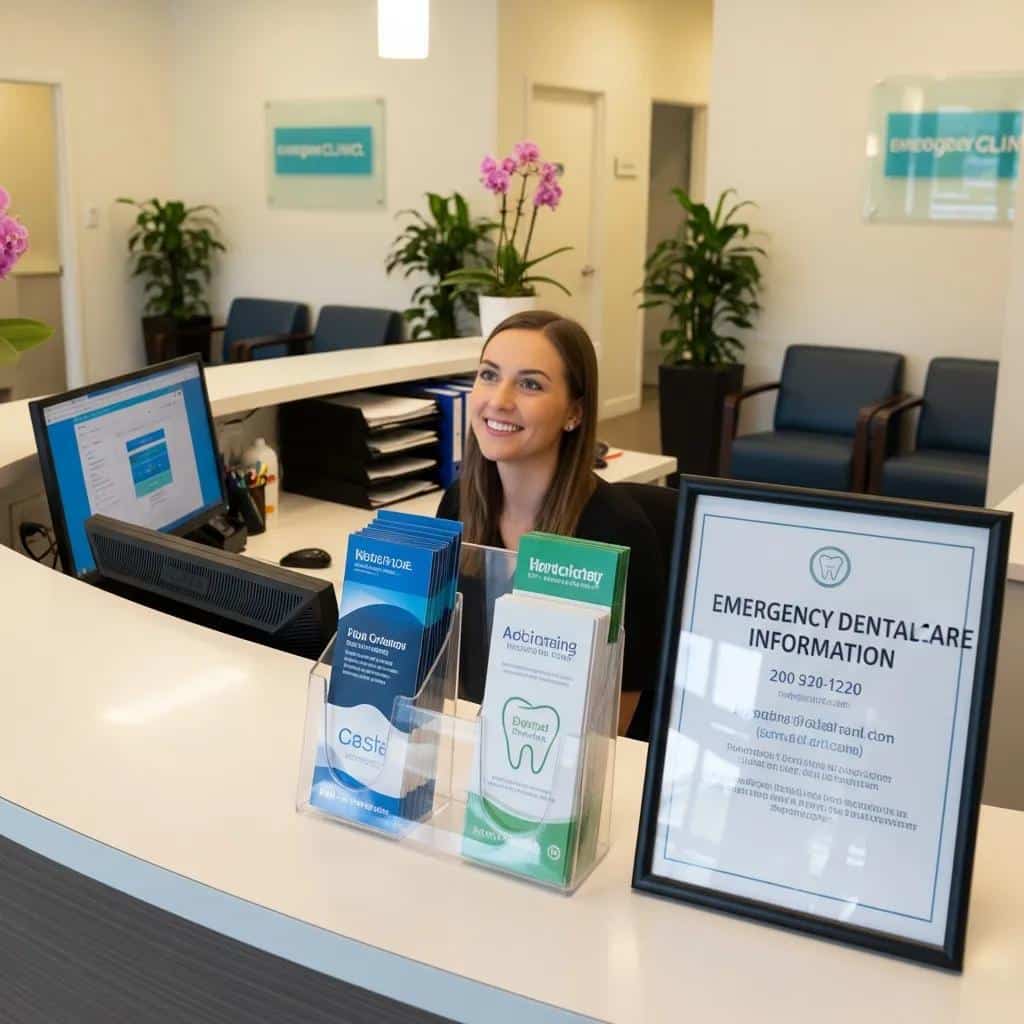 Reception area of a dental clinic showcasing emergency dental services and patient assistance